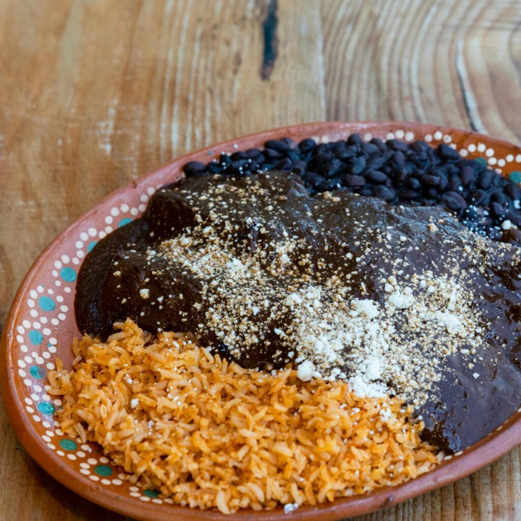 Delicious Mexican dish featuring mole sauce, black beans, and rice on a traditional plate.